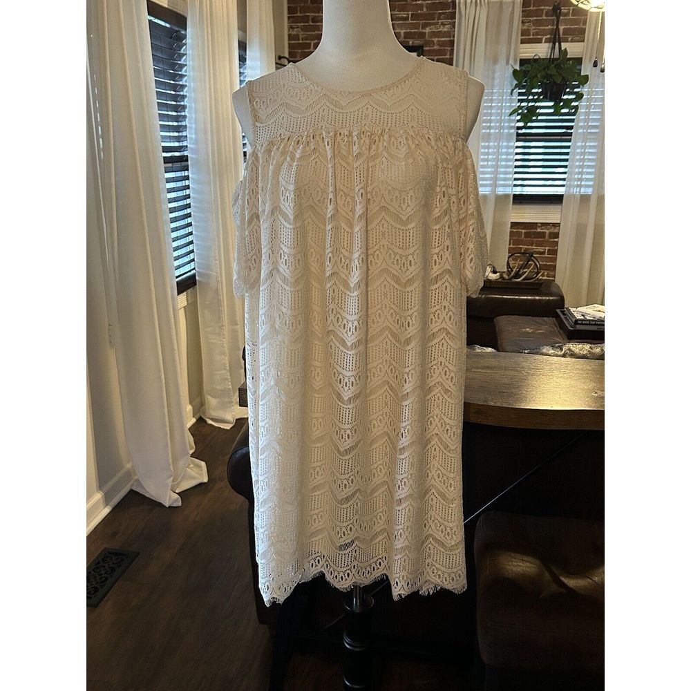 She + Sky Dress Large Ivory Boho Romantic Off Shoulder Sleeve Lace Short